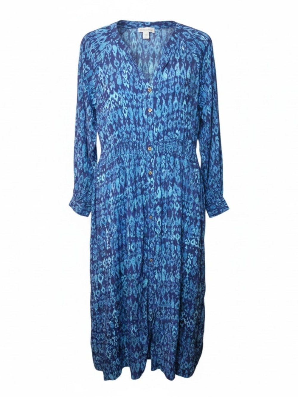 COLDWATER CREEK | Breezy Blue Ikat Watercolor 100% Modal Shirt Dress Maxi | L